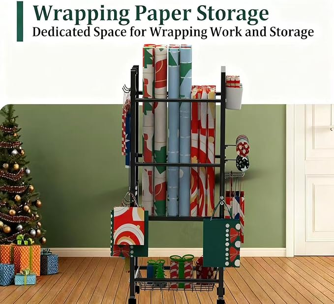 Rolling Wrapping Paper Organizer Cart with Pegboard & Storage Baskets, Gift Wrap Station with Hooks, Holders, Wheels & Containers for Ribbons, Bags, Craft Supplies Gift Wrapping Station