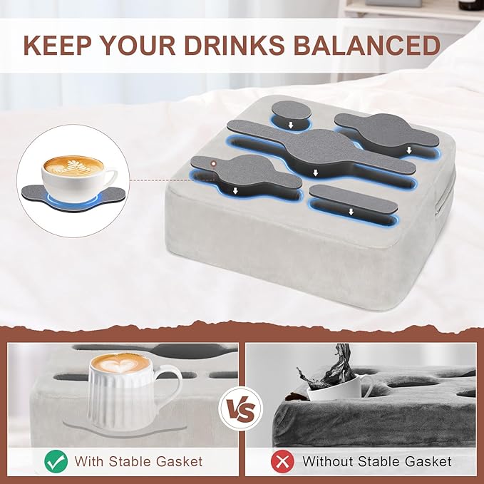 Couch Cup Holder Pillow - Sofa Cup Holder | Couch Caddy, Couch Drinks Remotes Holder for Cups, Headphones, Snacks, and Phones | Use it on Car, Pack, Beach, RV, and More(Silvergrey)