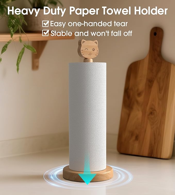 Cute Wooden Paper Towel Holder Stand - Kitchen Paper Hanger Rack Bathroom Towel Roll Stand Organizer Simply Standing Countertop Paper Roll Holder, Cat