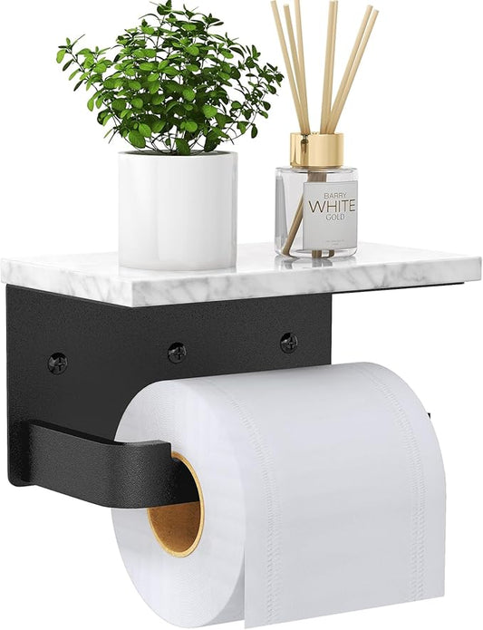 Gypie Toilet Paper Holder with Shelf, Extended Base Wall Mounted, Marble Toilet Roll Holder Black for Bathroom Washroom
