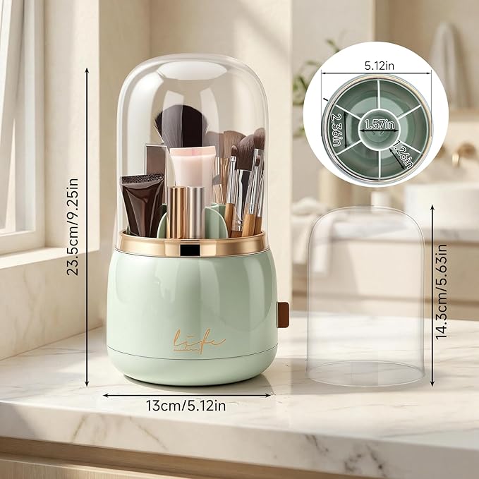 360º Rotating Toothbrush Holder with Cover, Dustproof Waterproof Cosmetic Organizer, 7-Slot Bathroom Countertop Organizer with Drainage for Makeup Brushes, Electric Toothbrushes, Toothpaste
