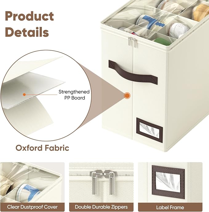OIAHOMY 4 Pack Shoe Organizer for Closet, Foldable Shoe Storage Bins with Adjustable Dividers, Stackable Oxford Cloth Sneaker Boxes for Entryway Bedroom, Fits Up to 32 Pairs, Beige