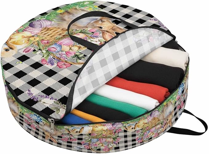 24 Inch Round Storage Bag 1 Pack,Spring Easter Bunny Eggs Flowers Waterproof Wreath Storage Container with Handles&Zipper Black and White Linen Lattice Closet Organizer Bags Garland Box