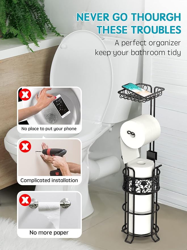 Toilet Paper Holder Stand with Shelf, Free Standing Toilet Paper Roll Dispenser Holds 3 Big Rolls of Jumbo Mega Paper, for RV Bathroom, Floral Pattern, Black