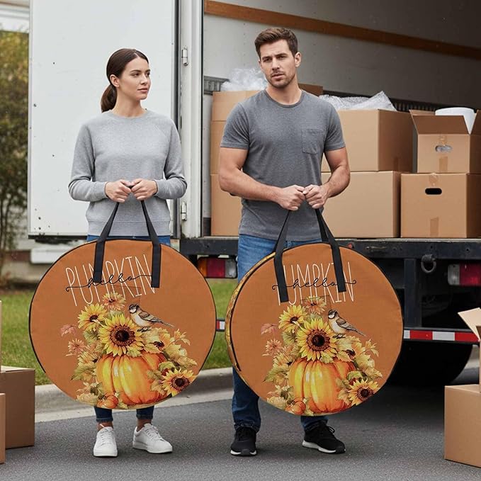 Hello Pumpkin Round Storage Bag 24 Inch, Thanksgiving Retro Sunflowers Clothes Storage Container with Handles Heavy Duty Organizer for Comforter, Bedding & Holiday Wreaths