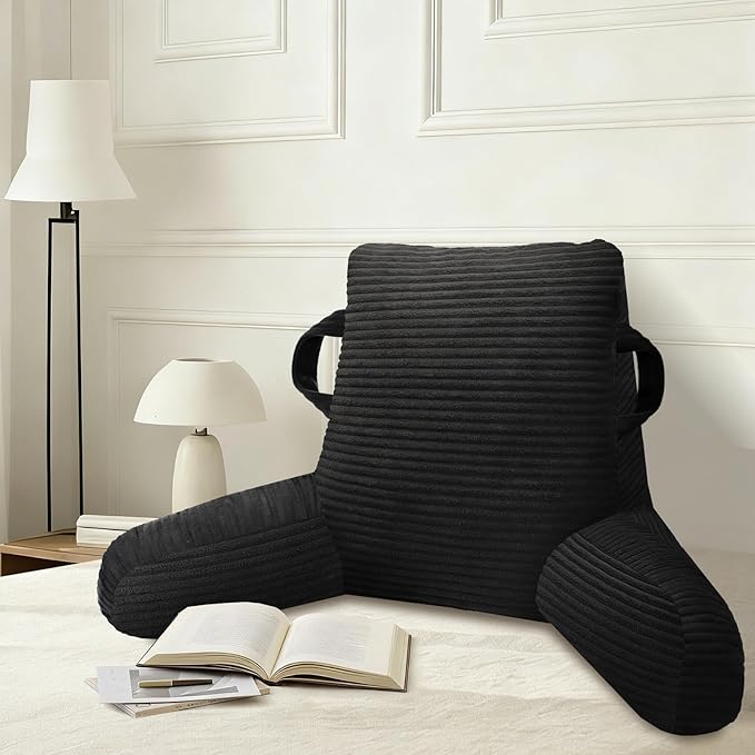 Reading Pillow for Sitting in Bed Adult, Bed Reading Pillow with Shredded Memory Foam, Back Pillow for Sitting with Arms and Pockets, Black