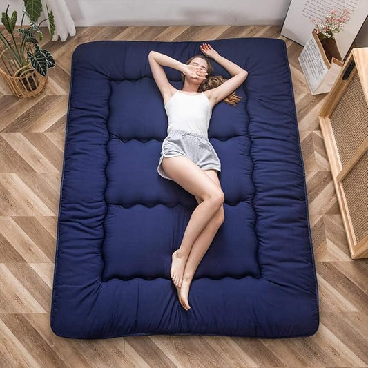 MAXYOYO Japanese Floor Mattress Futon Mattress, Thicken Tatami Mat Sleeping Pad Foldable Roll Up Mattress Boys Girls Dormitory Mattress Pad Kids Floor Lounger Cushion, Navy, King