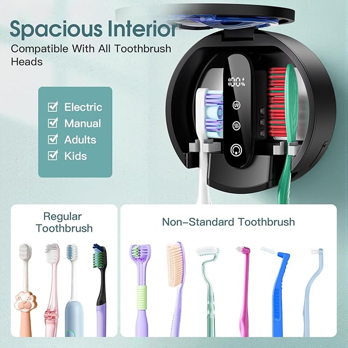 Upgraded Toothbrush Holders for Bathroom, Tooth Brush Holders Wall Mounted, Toothbrush Cleaner Organizer with LED Smart Screen,Cleaning and Drying Fits All Toothbrushes for Home & Travel