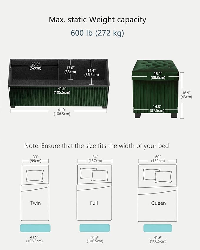 LITZFUR Storage Ottoman Bench, 43 Inch Foldable Ottoman with Legs, Velvet Foot Rest Stool, End of Bed Bench, Storage Chest for Living Room, Bedroom, Green