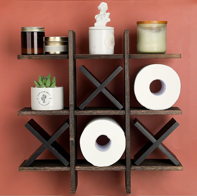 Weysat Tic Tac Toe Toilet Paper Holder Stand Bathroom Wall Decor Rustic Wooden Hanging Storage Freestanding Wall Mounted Shelves Decor for Toilet Tissue Farmhouse