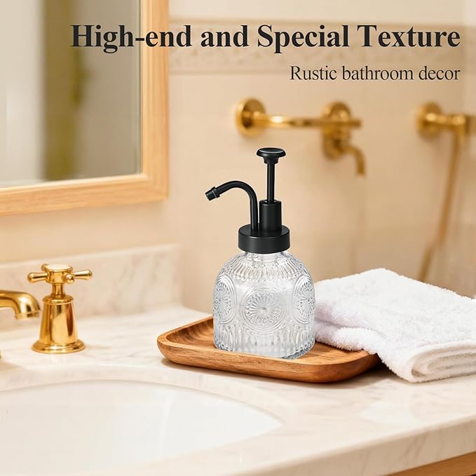 SheeChung Vintage Soap Dispenser, Kitchen Dish Soap Dispensers with Pump Mat, Glass Hand Soap Dispenser for Bathroom, Liquid, Lotion, Refillable, Rustic Farmhouse Decor-Clear (Black Pump, 1 pk)
