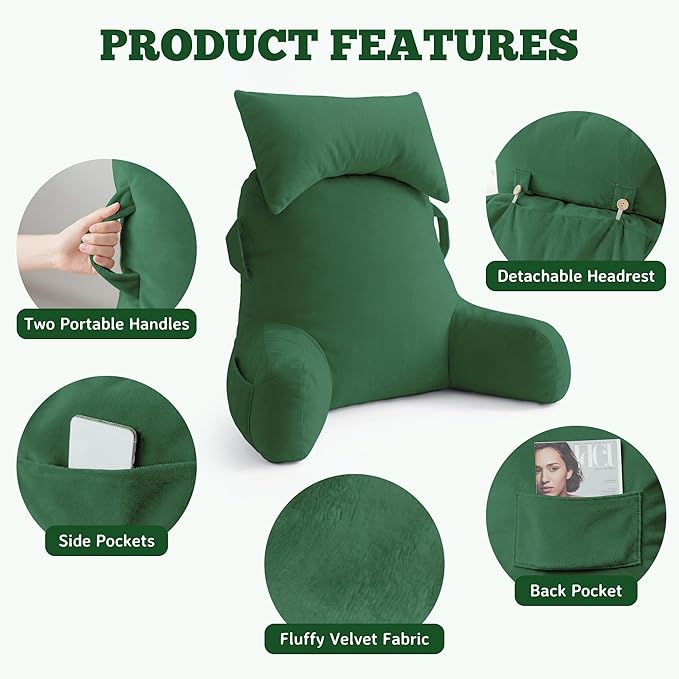 Unisakey Portable Reading Pillows with Headrest for Bed Sitting Up(Green Oeko-Tex), Velvet Back Pillow with Arms & Pockets for Adults, Support Memory Foam Bed Pillow for Dorm/Reading/Watching/Gaming