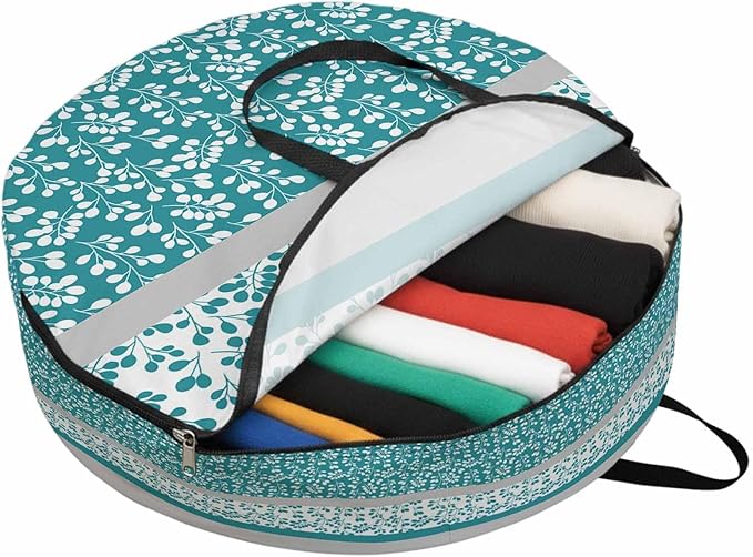 Storage Bag Turquoise Grey Leaves Round Storage Totes Bins Closet Organizers with Zippers & Handle Stitching Stripes Clothes Storage Container for Bedroom Dorm Space Saving Packing Supplies Bags