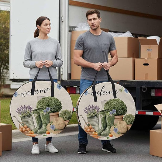24 Inch Round Storage Bag 2 Pack,Farm Lavender Egg Radish Waterproof Wreath Storage Container with Handles&Zipper Retro Flowers on Linen Closet Organizer Bags Garland Box