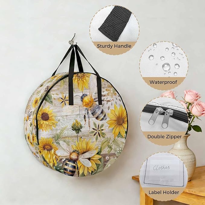 Summer Sunflower Bee Round Storage Bag 24 Inch, Yellow Floral Plants Wood Grain Rustic Clothes Storage Container with Handles Heavy Duty Organizer for Comforter, Bedding & Holiday Wreaths