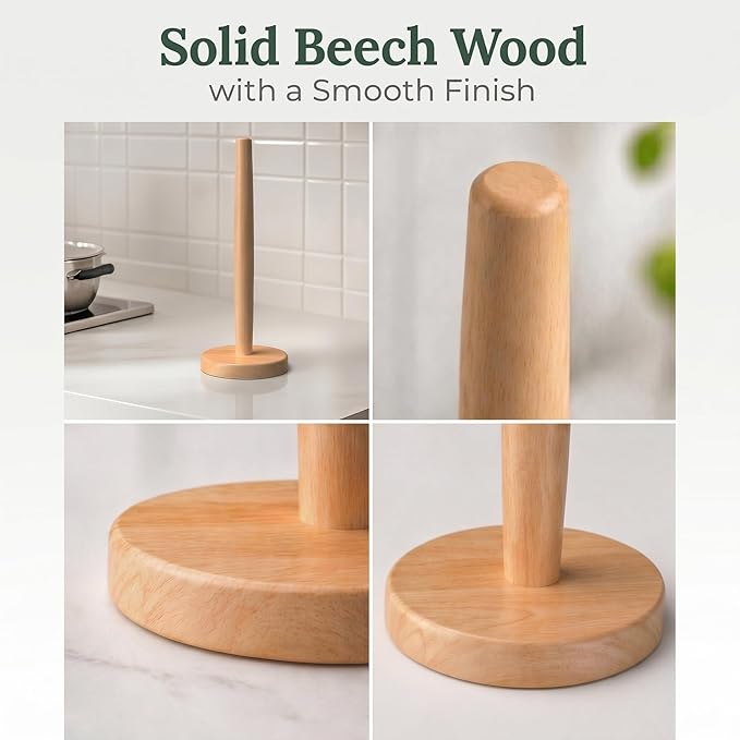 Wooden Paper Towel Holder for Countertop, Solid Beech Wood Stand with Wider Non-Slip Base, Fits Standard and Jumbo Rolls, Easy Assembly, Farmhouse Kitchen Paper Towel Dispenser