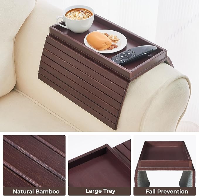 LOVYANXUE Bamboo Sofa Arm Tray, Anti Falling Couch Arm Tray Table, Foldable Couch Armrest Table, Portable Sofa Armrest Trays Cup Holder for Drink, Cups, Phone, Snacks, Remote