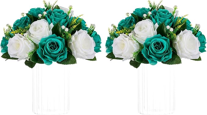 NUPTIO Flower Ball Centrepieces for Tables - Teal & White Artificial Flowers Rose for Centerpieces - Fake Rose Arrangements for Wedding Birthday Party St Patricks Day Decor 2 Pcs