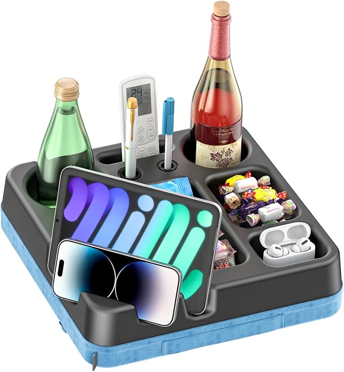 Couch Cup Holder Tray Couch Cup Holder Pillow Bed Tray Snack Sofa Bed Caddy Organizer Beach Sofa Drink Holder Anti-Spill Portable Snack Caddy Couch Remote Holder for Phone Pad Kindle Beverage Blue