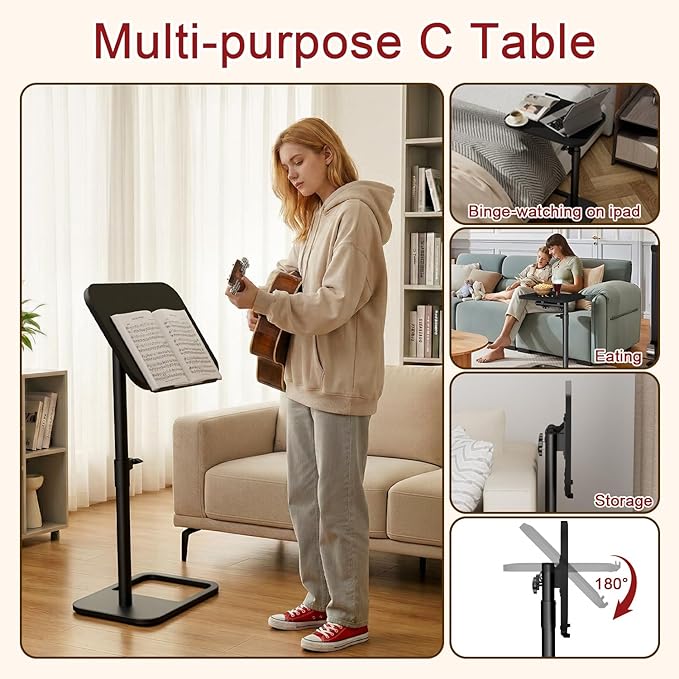 GOYLSER TV Tray Table Adjustable Height, Flip-Top, Snack Side Table with 360° Swivel and 180° Tilt, C Shaped End Table for Couch, Sofa, Dinner Eating and Recliner (Black)