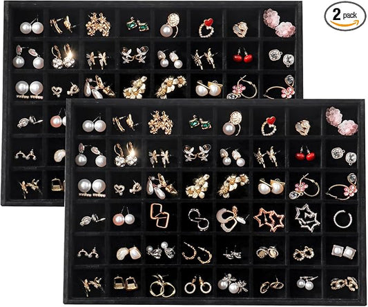 Large Velvet Jewelry Tray 2 Pack Stackable Jewelry Display Drawer Inserts Trays Organizer for Earring Bracelet Necklace Ring (Black, 48 Grids)