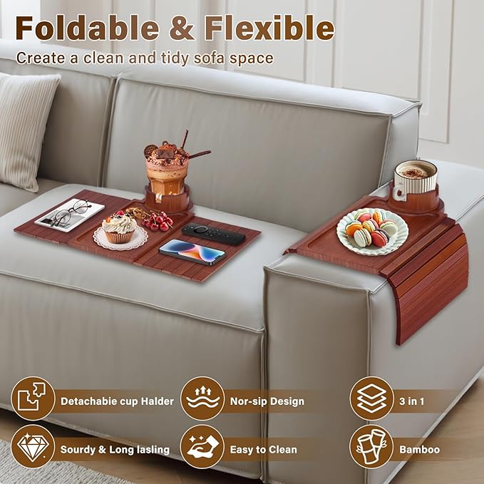 Couch Cup Holder Tray, 3-in-1 Bamboo Couch Armrest Table with 360° Rotating Magnetic and Detachable Phone Holder Stand, Foldable Anti-Slip Sofa Arm Tray for Remote, Phone, Snacks and Drinks