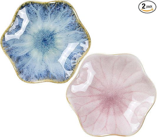 2Pcs Ceramic Jewelry Dish - Lotus Leaf Shape, for Ring Holder Necklace Small Key, Suitable for Mother Friend Sister, Gifts for Women, Cute Plate Trinket Tray, Home Decor (Light Blue & Pink)