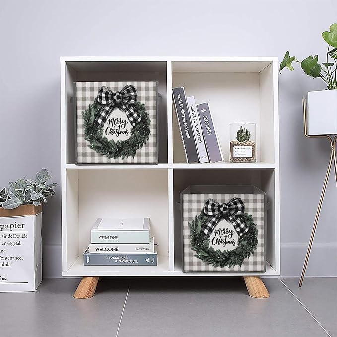 Christmas Wreath Black White Checkered Bow Cube Storage Bins Storage Cubes Foldable Decorative Fabric Storage Baskets Home Organizers with Handles for Shelves,Closet, 10.6 X 10.6 Inch