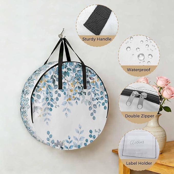 Storage Bag Teal Blue Eucalyptus Leaves Round Storage Totes Bins Closet Organizers with Zippers & Handle Berry Branch Nature Plant Clothes Storage Container for Bedroom Space Saving Packing Supplies