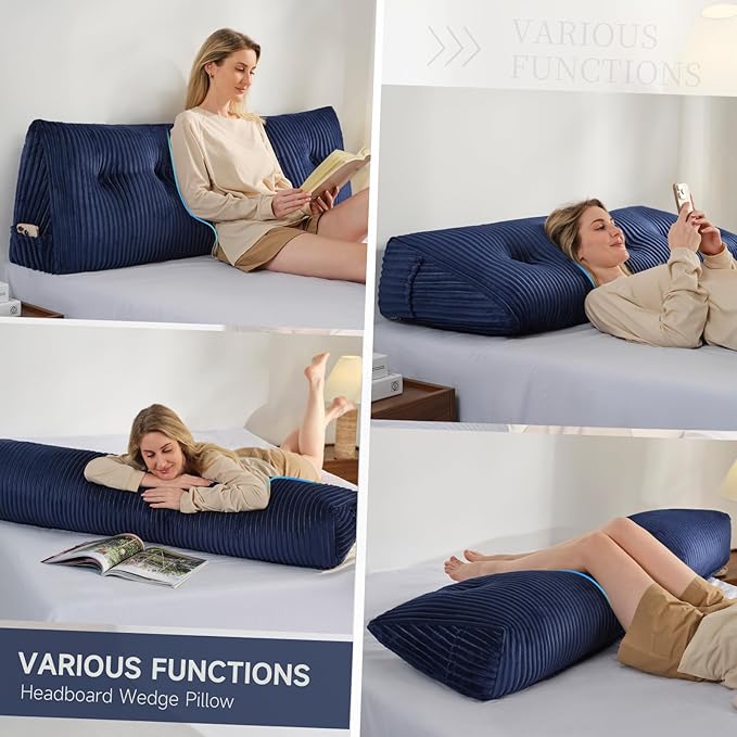 Z-hom Large Headboard Pillow King, NO ROLL Pillow, Wedge Pillow Headboard for Sitting Up in Bed, Backrest Support Triangular Cushion for Reading, Gap Pillow w/Removable Washable Cover,Blue