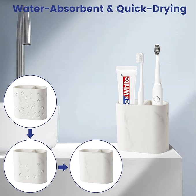 Diatomite Toothbrush Holders for Bathrooms, Electric Tooth Brush and Toothpaste Holder for Bathroom Countertop, Marble White Bathroom Accessories, 2 Slots Toothbrush Organizer