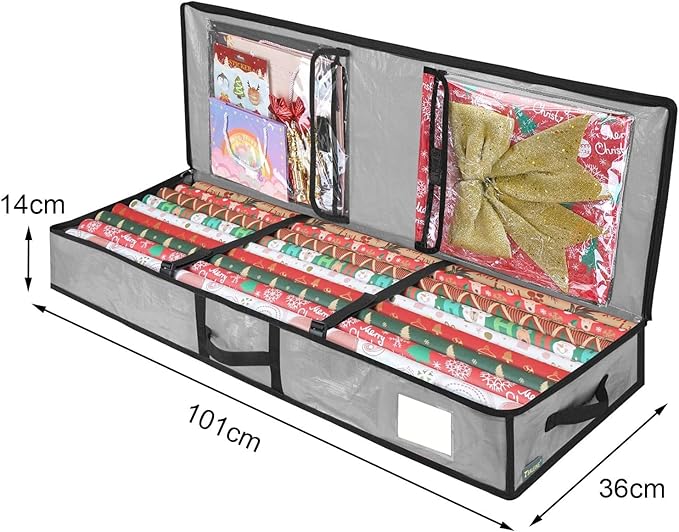Gift Wrapping Storage Box Christmas Wrapping Paper Storage Bag with Flexible Partitions Pockets Capacity Durable Handle Gift Wrap Organizer