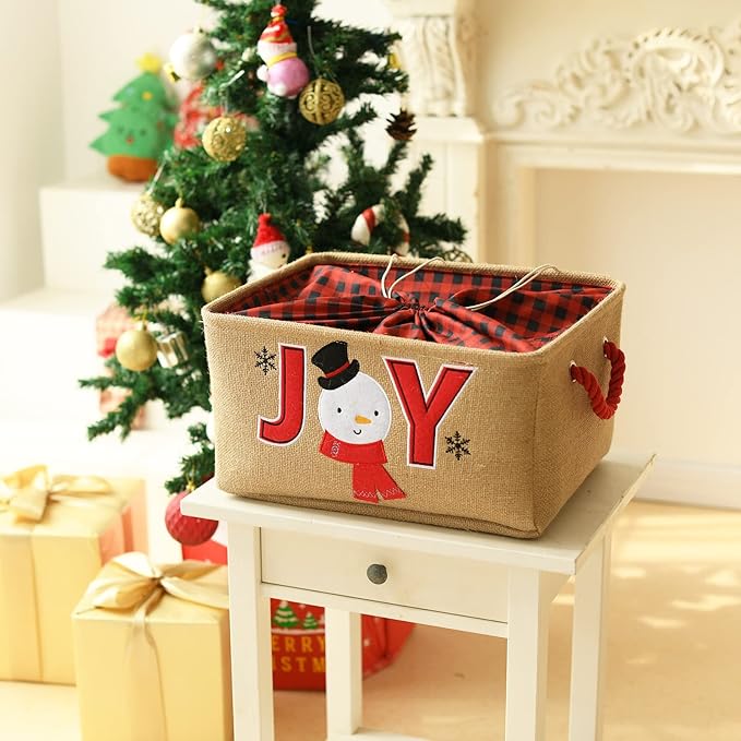 INough Gift Basket Empty Large Christmas Basket Christmas Empty Christmas Gift Baskets with Handles Collapsible Christmas Storage, Holiday Gift for Kidsroom Nursery Play Room (Large, Joy)
