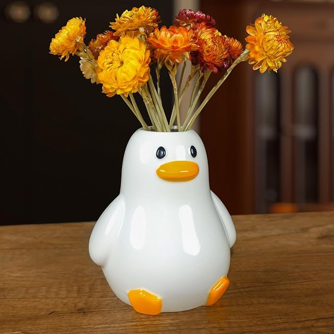 Mougigi Unique Duck Vase - Cute White Ceramic Handcrafted Piece with Round Modern Design, Funky Aesthetic Table Decor for Flowers/Accessories, Cool Animal Goose-Themed Art Vase Great for Decor Gifts