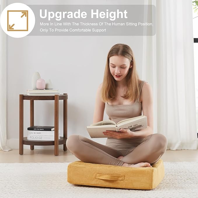 JKMAX 22 inches Floor Pillow for Adults - Large Meditation Cushion with Thick Foam & Soft Tufted Cover - Premium Outdoor Square Floor Cushion Seat - Yoga Pillows for Sitting On Floor - Yellow