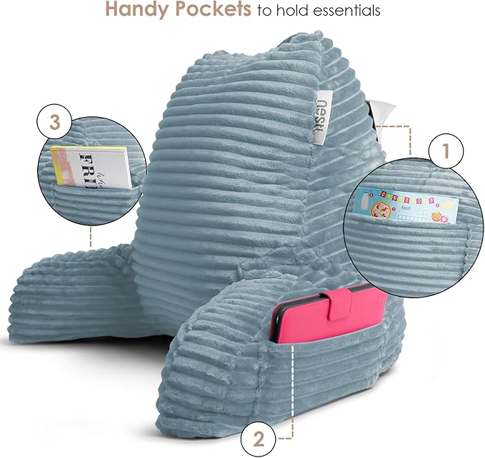 Nestl Stone Blue Reading Pillow with Bed Desk for Laptop and Writing, Luxe Cut Plush Back Pillow for Sitting Up, Back and Arms Adjustable Support for Adult and Teens, Foldable Lap Desk for Bed 22x14”