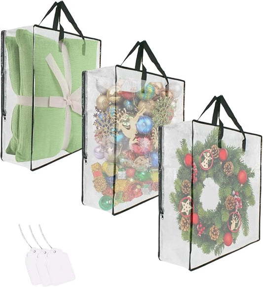 3 Pack Clear Bags with Zipper and Handles, Halloween Christmas Wreath Storage, Gift Bag Organizer, Moving Boxes Alternative, Under the Bed Storage