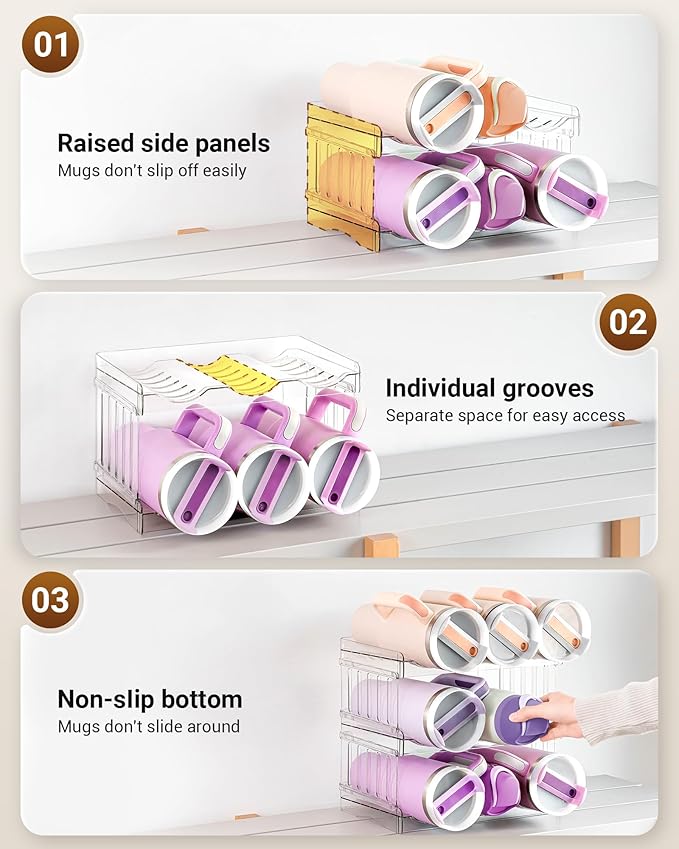 Gracenal Water Bottle Organizer Holder for Stanley Cup Accessories, Fridge Kitchen Cabinet Organizer and Storage for Meoky 40 oz Tumbler with Handle, Stackable Plastic Travel Mug Cup Rack Gifts, 3Pack