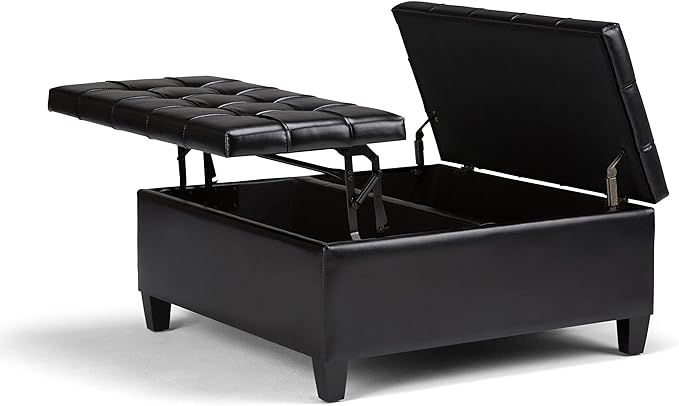 SIMPLIHOME Harrison Coffee Table Storage Ottoman - 36 inch Wide Upholstered Vegan Leather Square Lift-Top Ottoman in Midnight Black, Transitional Ottoman for Living Room with Hidden Storage
