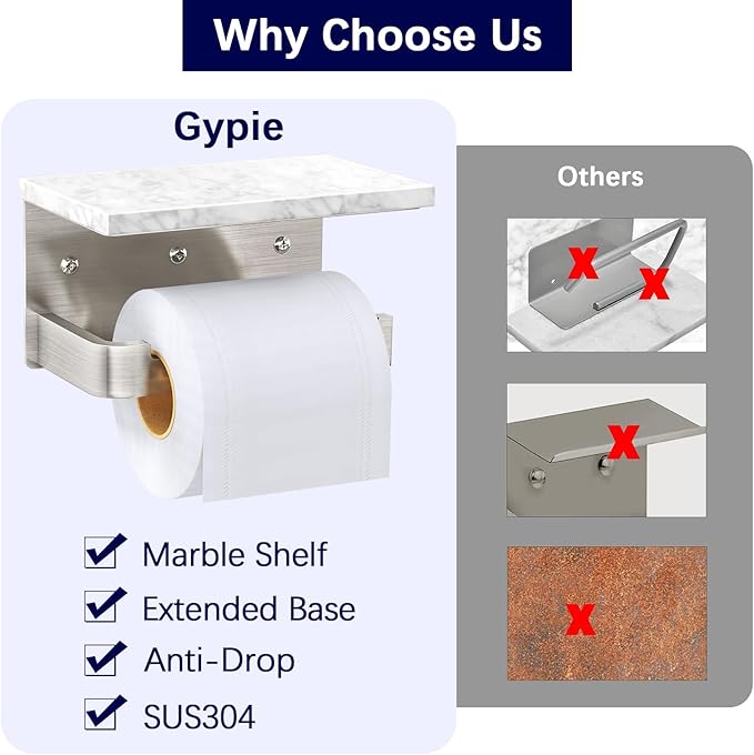 Gypie Toilet Paper Holder with Shelf, Extended Base Wall Mounted, Marble Toilet Roll Holder Brushed Nickel for Bathroom Washroom
