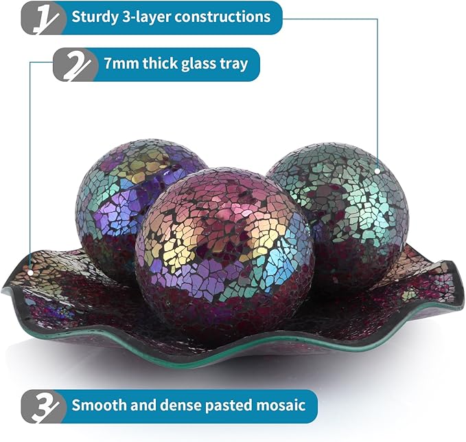 MDLUU Centerpiece Bowl and Balls Set, Mosaic Tray with 3 Pieces Spheres, 12" Decorative Plate with 4" Mosaic Orbs for Home Decor, Gift (Multicolored Purple)