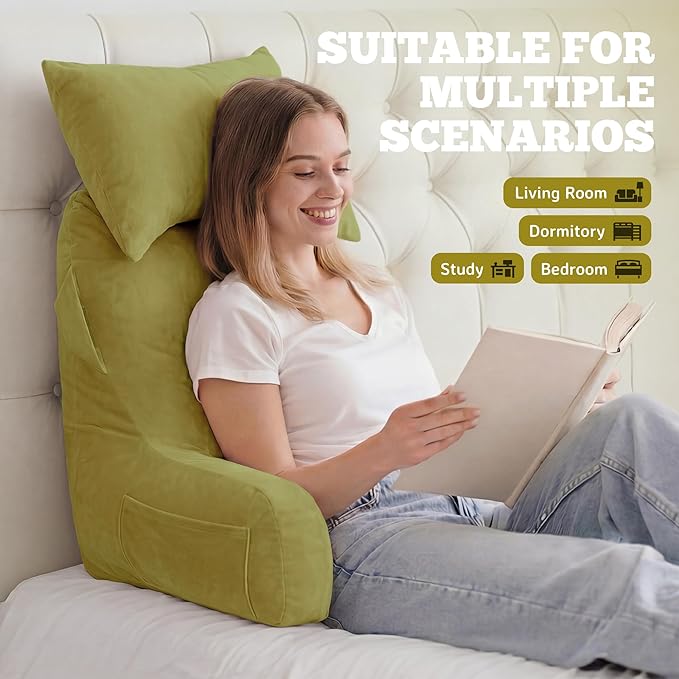 Unisakey Portable Reading Pillows with Headrest for Bed Sitting Up(Pale Green Oeko-Tex), Velvet Back Pillow with Arms & Pockets for Adults, Support Memory Foam Bed Pillow for Dorm/Watching/Gaming
