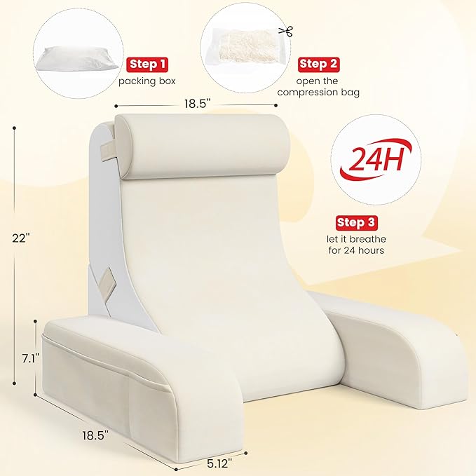 Homkdom Reading Pillow for Sitting in Bed Adult, 22" Back Pillow for Bed Sitting up with Armrests & Storage Pockets, Ergonomic Wedge Pillow for Watching TV, Gaming, Working, Recovery, 5PCS, Beige