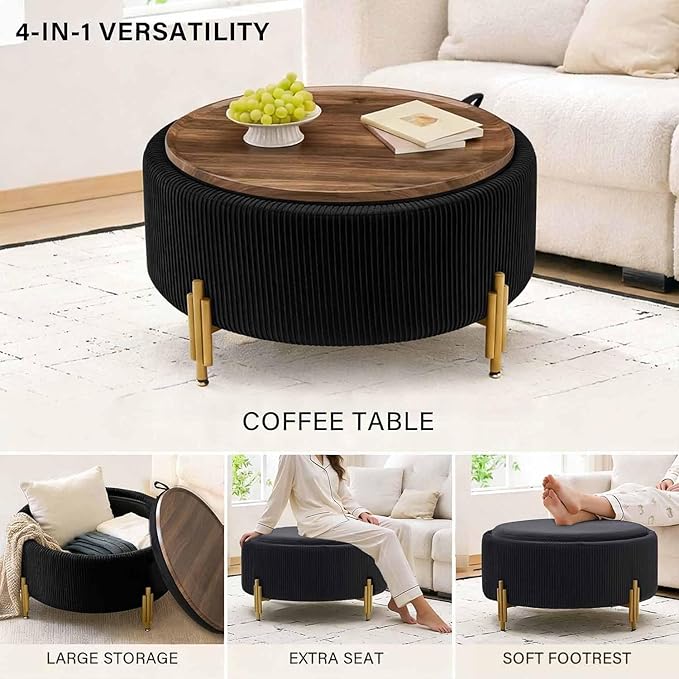 30'' Round Storage Ottoman Coffee Table, Modern Velvet Upholstered Ottoman with Lid and Metal Legs for Living Room, Bedroom (Black)