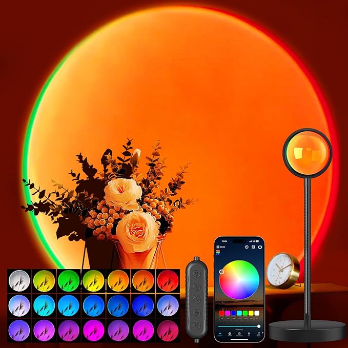 Neroupe Sunset Lamp Projector with APP & Button Control, 360 Degree Rotation Multiple Colors Changing LED Lamp Night Light, Sunset Light for Bedroom Decor/Party/Christmas Gifts/Tiktok Live/Room Decor