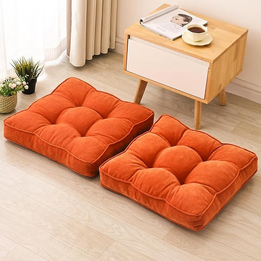 1 MIDDLE ONE Floor Pillow Set of 2, Memory Foam Floor Cushions for Adults, Large Meditation Pillow for Sitting, 22 x 22 Inches (Square | Orange)