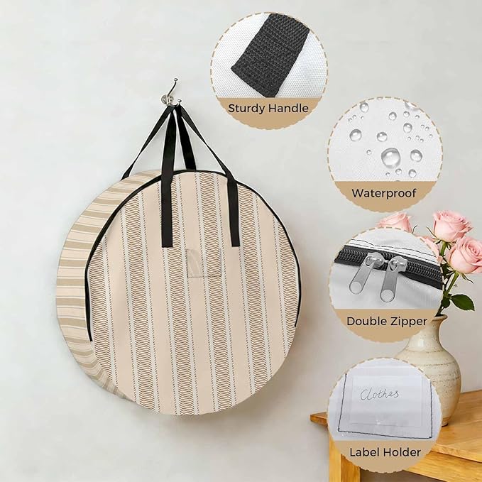Storage Bag Orange Stripes Round Storage Totes Bins Closet Organizers with Zippers & Handle Vertical Striped Line Clothes Storage Container for Bedroom Dorm Space Saving Packing Supplies Moving Bags