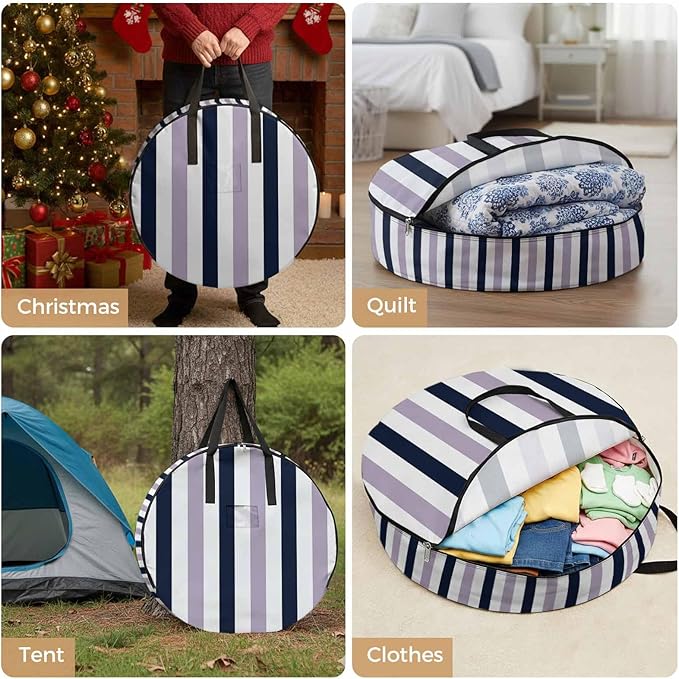 Storage Bag Navy Blue Purple Stripes Round Storage Totes Bins Closet Organizers with Zippers & Handle Contrast Striped Clothes Storage Container for Bedroom Dorm Space Saving Packing Supplies Bags