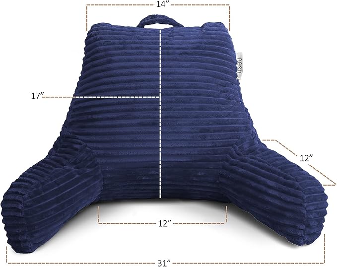 Clara Clark Reading Pillow for Bed Adult – Back Pillow for Sitting in Bed, Standard Plush Bed Pillows for Sitting Up in Bed, Shredded Foam Bed Chair Pillow with Arms and Pockets, Navy Bed Rest Pillow