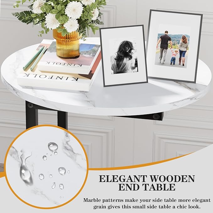 C Shaped End Side Table, Small Oval Couch Sofa Table for Bed, Snack Side Table with Metal Frame, TV Tray Table with White Marble for Small Space, Living Room, Bedroom, Bedside, Black